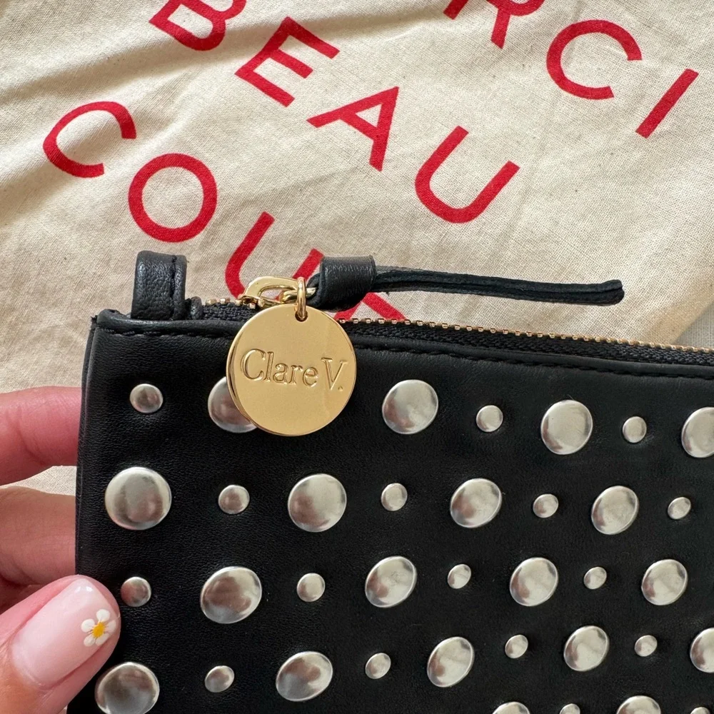 Clare V Black Leather Wallet Clutch with silver studs NWOT - Picture 3 of 8